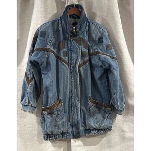 Current Seen Vintage‎ Patchwork Denim Jacket M Leather Trim Boho Retro 80s Style
